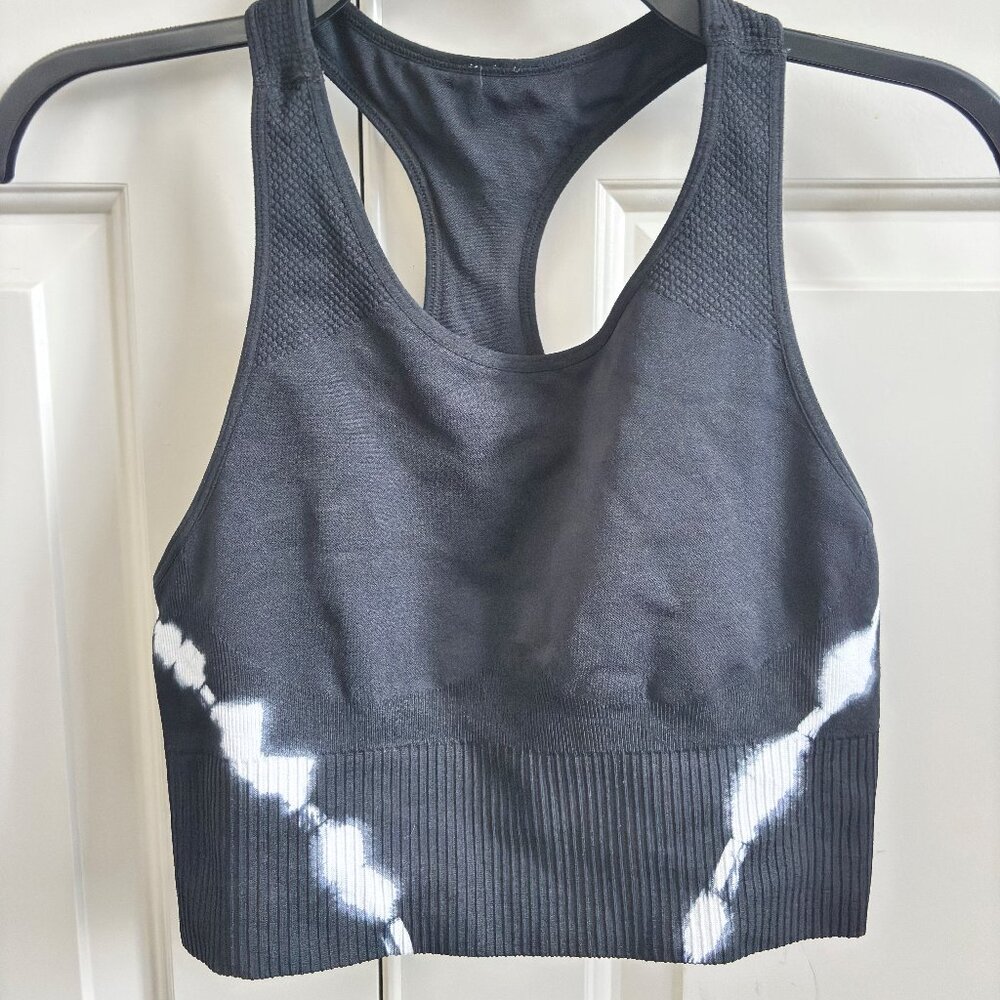 ZYIA Hendrix Active BlackWhite Tie Dye Racerback Crop Top Bra Seamless
